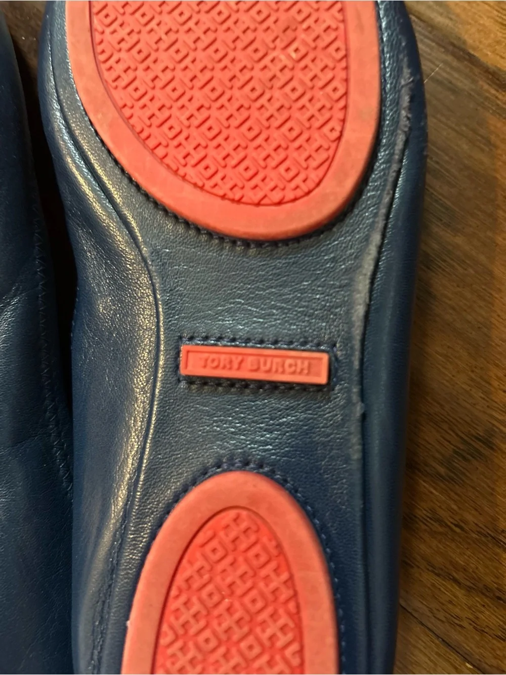 Tory Burch Navy Leather Reva Flats with Red Insole and Logo